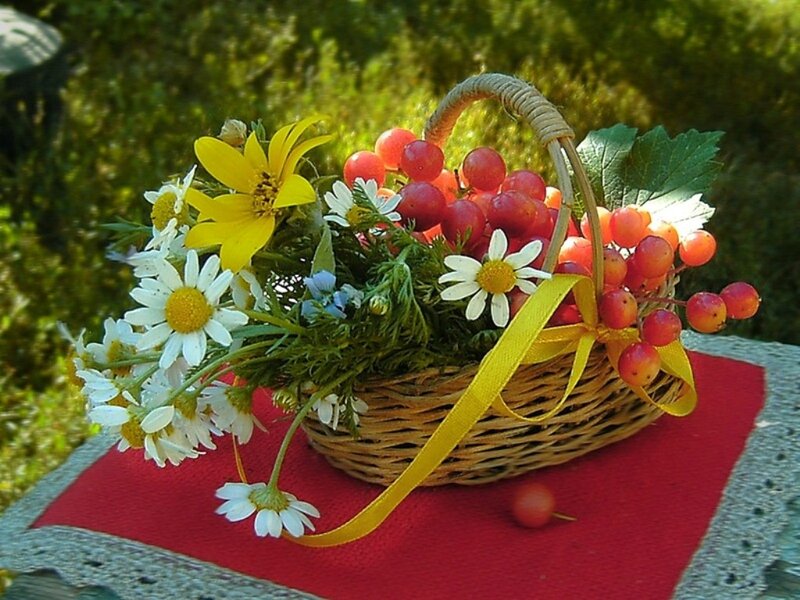 Woven Basket with Flowers — Red