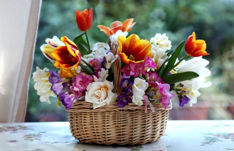 Woven Basket with Flowers — White, Calm, Afternoon