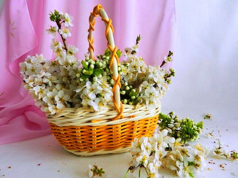 Woven Basket with Flowers — White, Serene, Spring