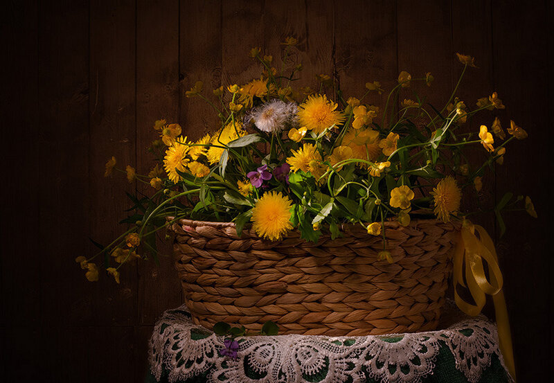Woven Basket with Flowers — Yellow, Dramatic