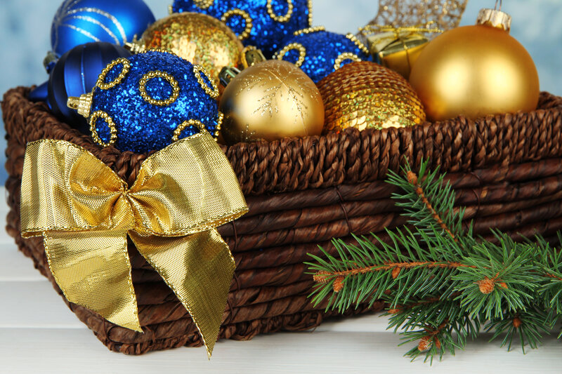 Woven Basket with Ornaments — Brown, Festive
