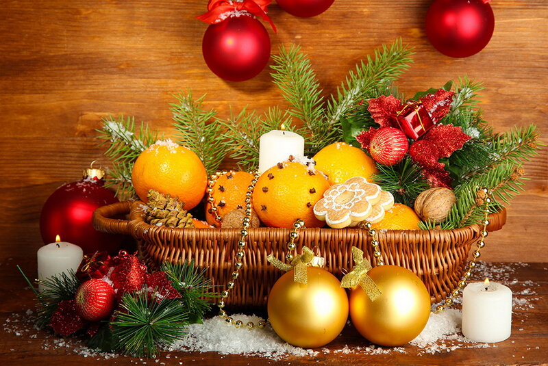 Woven Basket with Ornaments — Brown