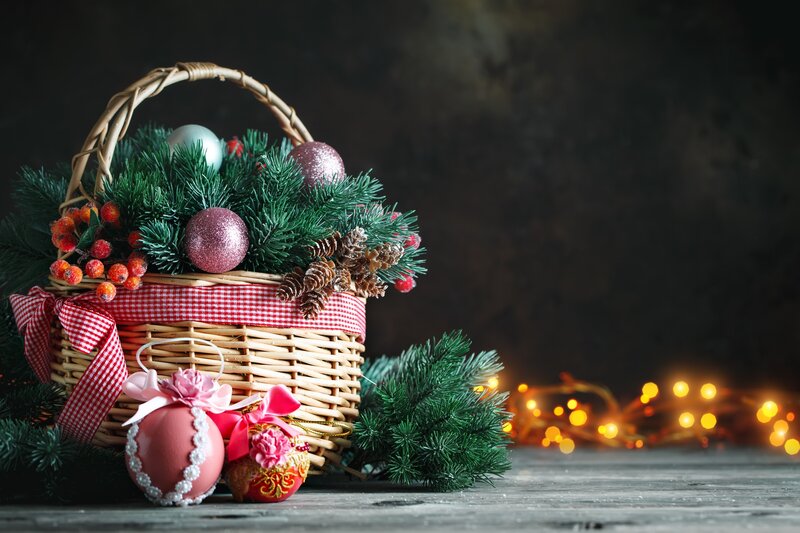 Woven Basket with Ornaments — Green