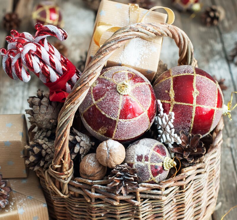 Woven Basket with Ornaments — Red, Festive