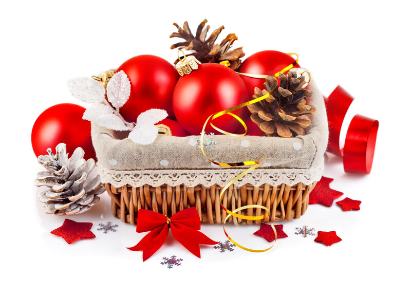 Woven Basket with Ornaments — Red