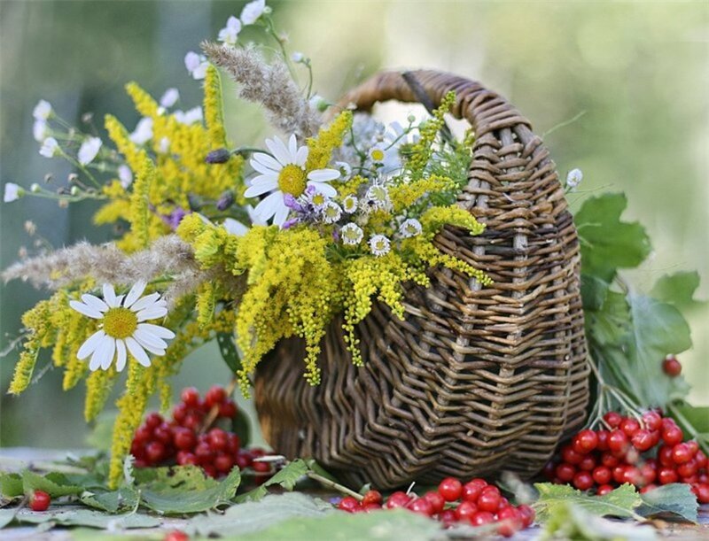Woven Basket with Wildflowers — Brown, Serene, Summer
