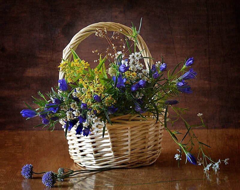 Woven Basket with Wildflowers — Brown, Serene
