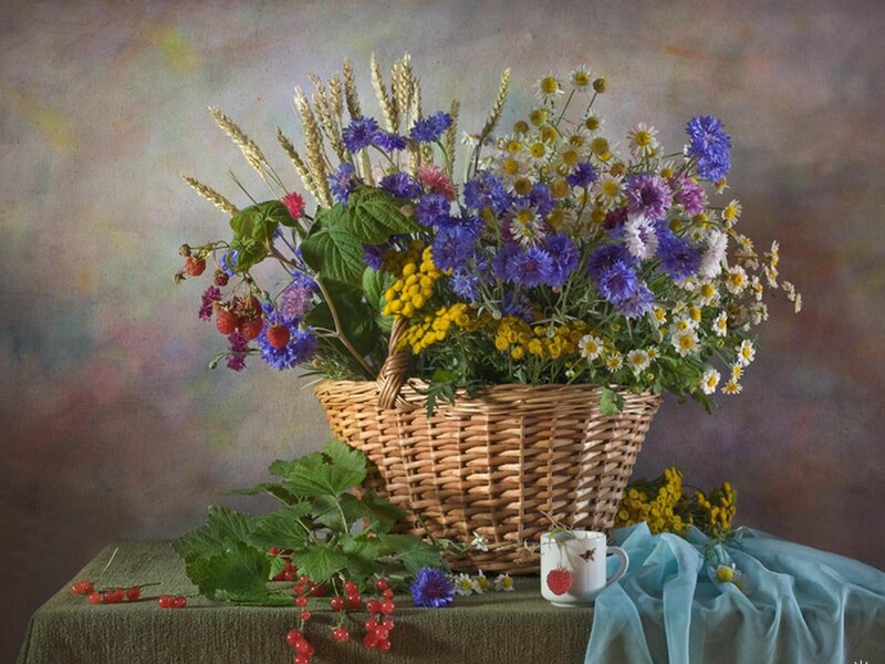 Woven Basket with Wildflowers — Brown