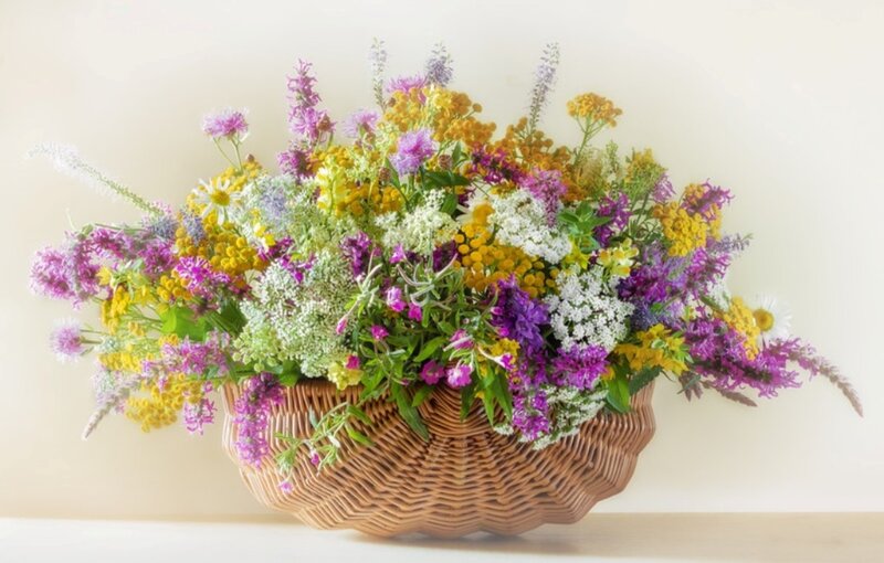Woven Basket with Wildflowers — Purple, Calm