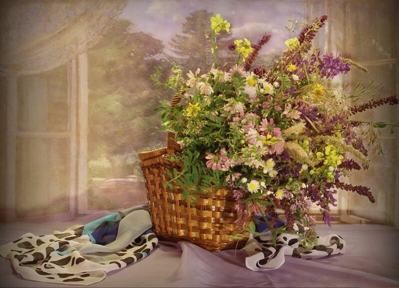 Woven Basket with Wildflowers — Purple