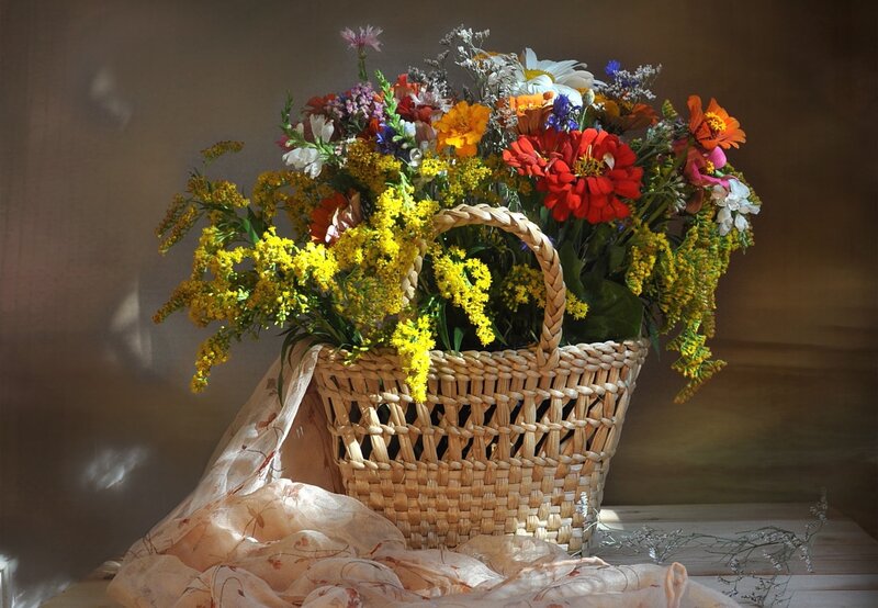 Woven Basket with Wildflowers — Yellow, Serene