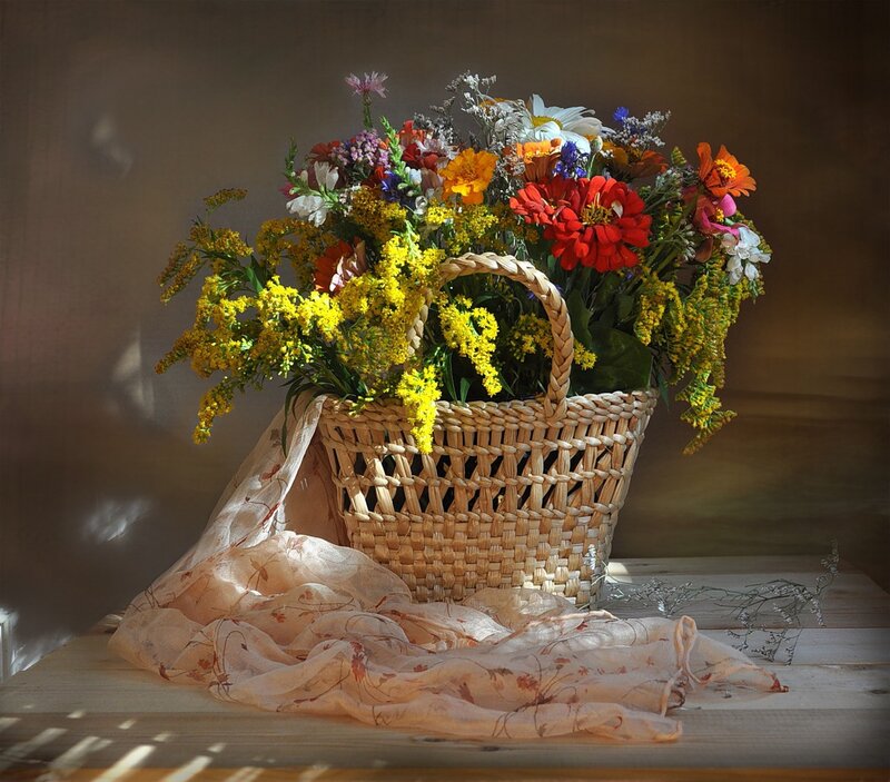 Woven Basket with Wildflowers — Yellow