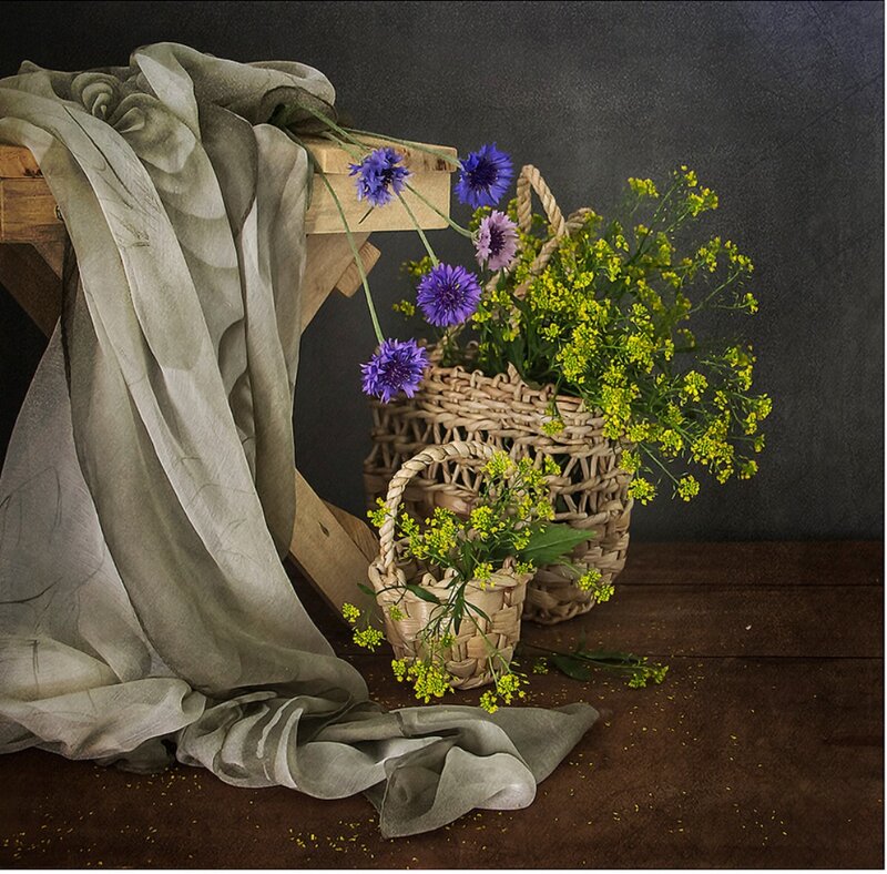 Woven Baskets with Flowers — Brown, Calm, Photograph