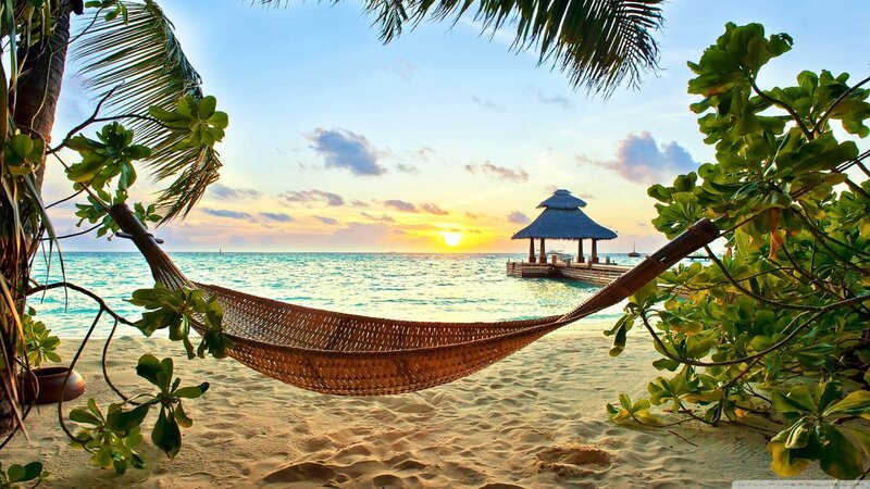 Woven Hammock on Beach — Blue, Serene, Sunset