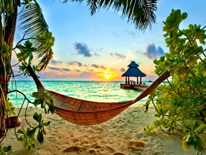 Woven Hammock on Beach — Blue