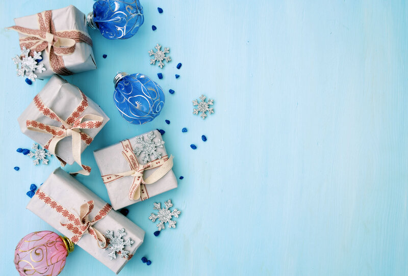 Wrapped Gifts and Ornaments — Blue, Festive