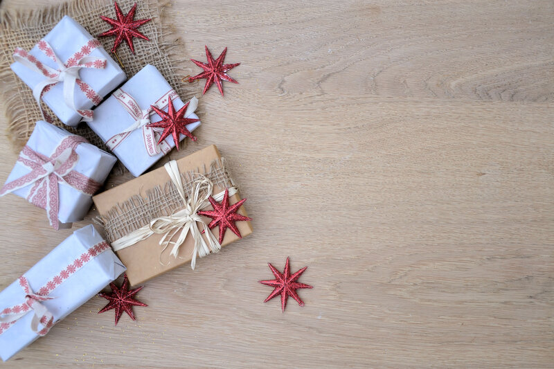 Wrapped Gifts on Wood — Brown