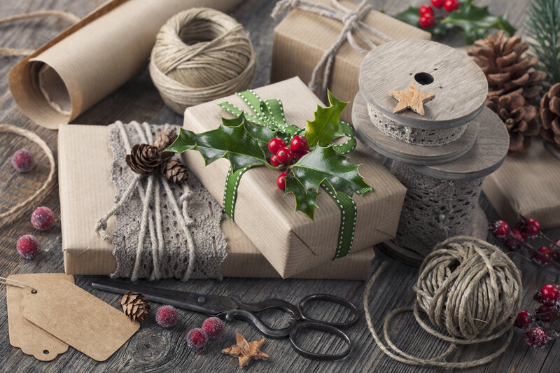 Wrapped Holiday Gifts — Brown, Festive