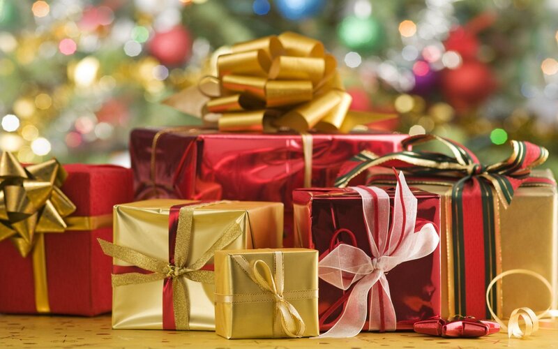 Wrapped Holiday Gifts — Red, Festive, Winter, Photograph, Bows