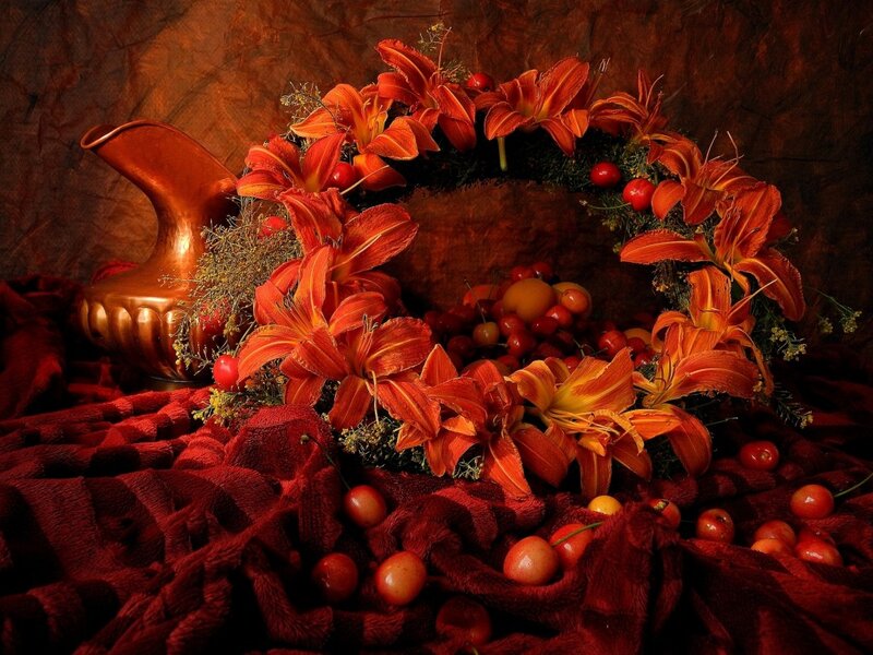 Wreath of Lilies and Cherries