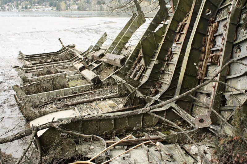 Wrecked aircraft on a riverbank