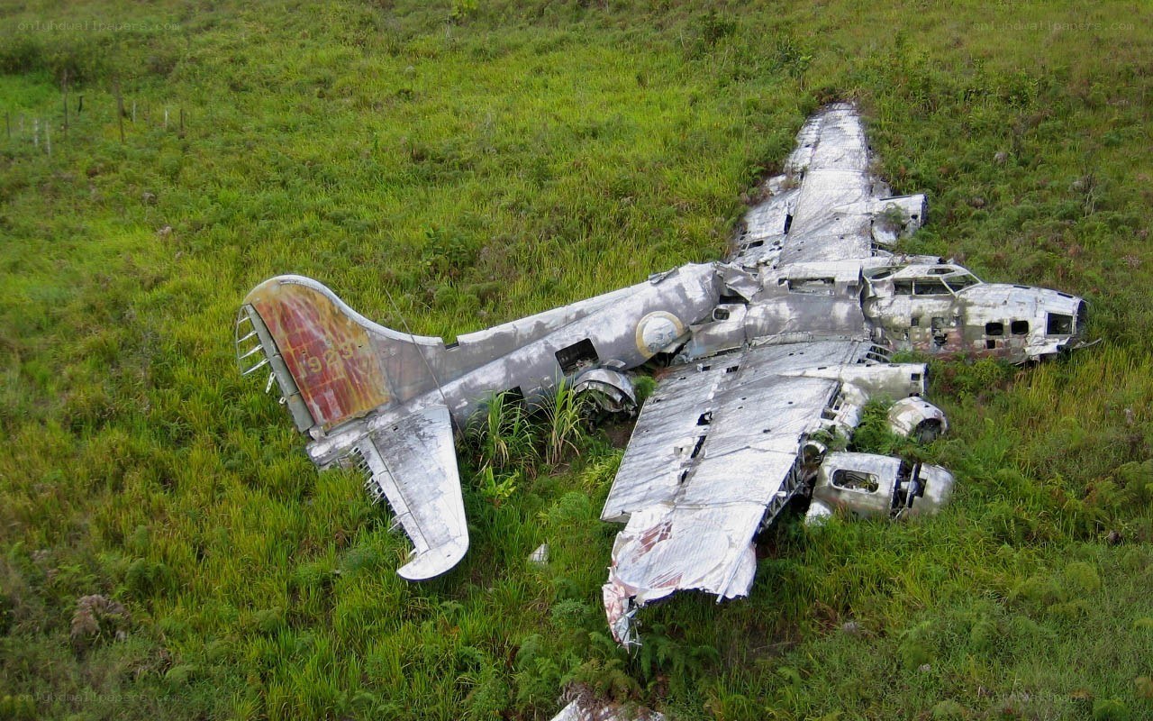 Wrecked airplane in grass field