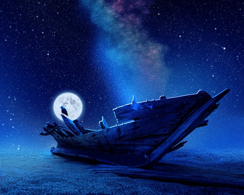 Wrecked Boat on Shore — Blue, Dramatic, Night