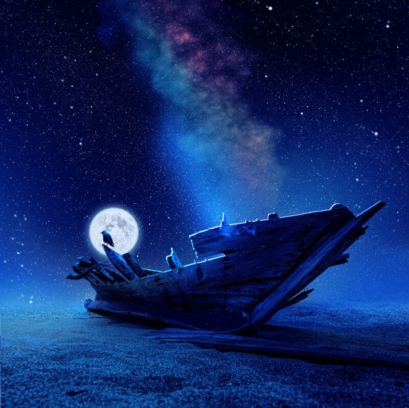 Wrecked Boat on Shore — Blue, Dramatic