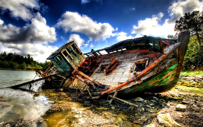 Wrecked Boat on Shore — Blue