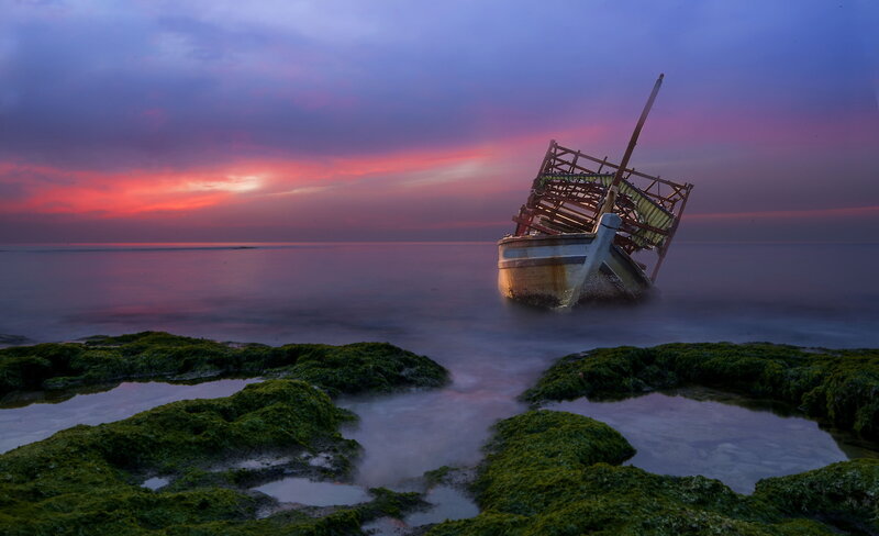 Wrecked Boat on Shore — Purple