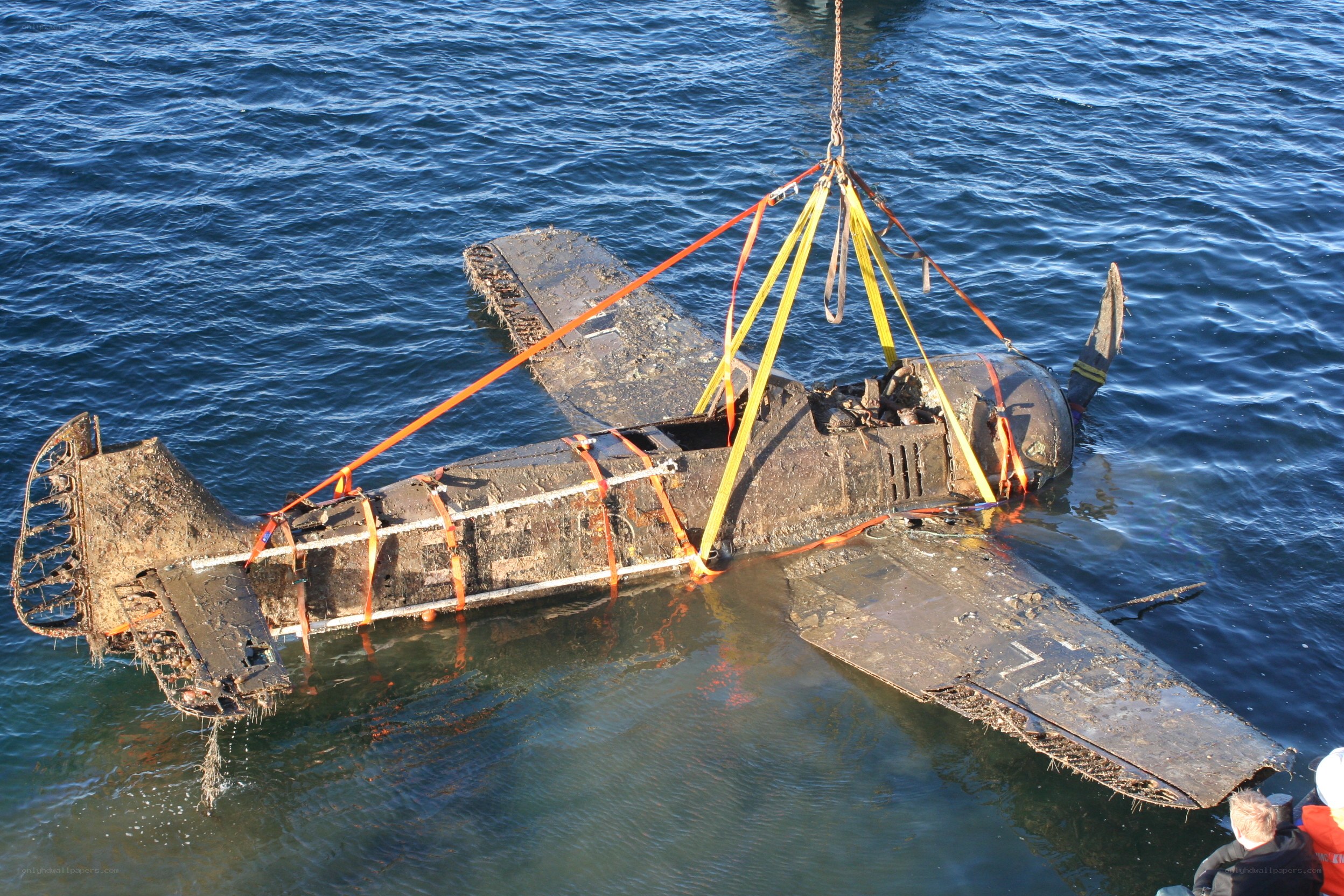 Wrecked plane being lifted from water