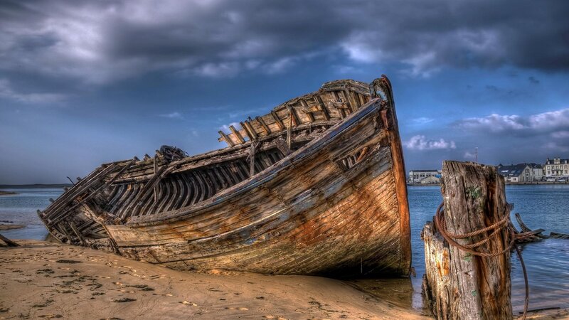 Wrecked Wooden Boat — Blue, Dramatic