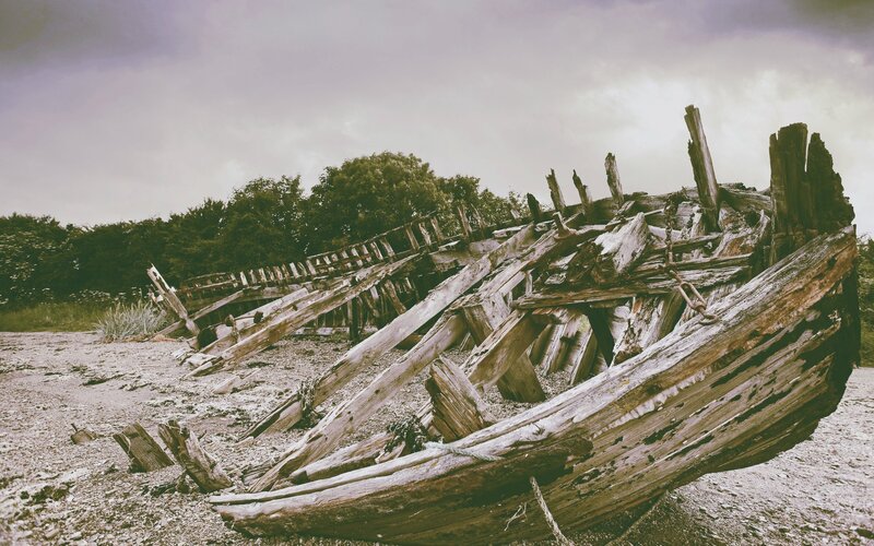Wrecked Wooden Boat — Brown, Dramatic, Photograph