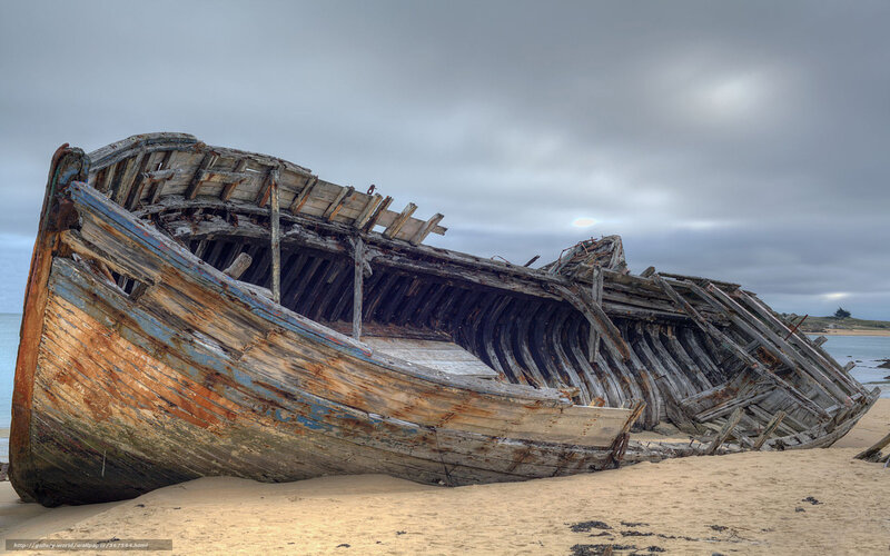 Wrecked Wooden Boat — Brown, Dramatic