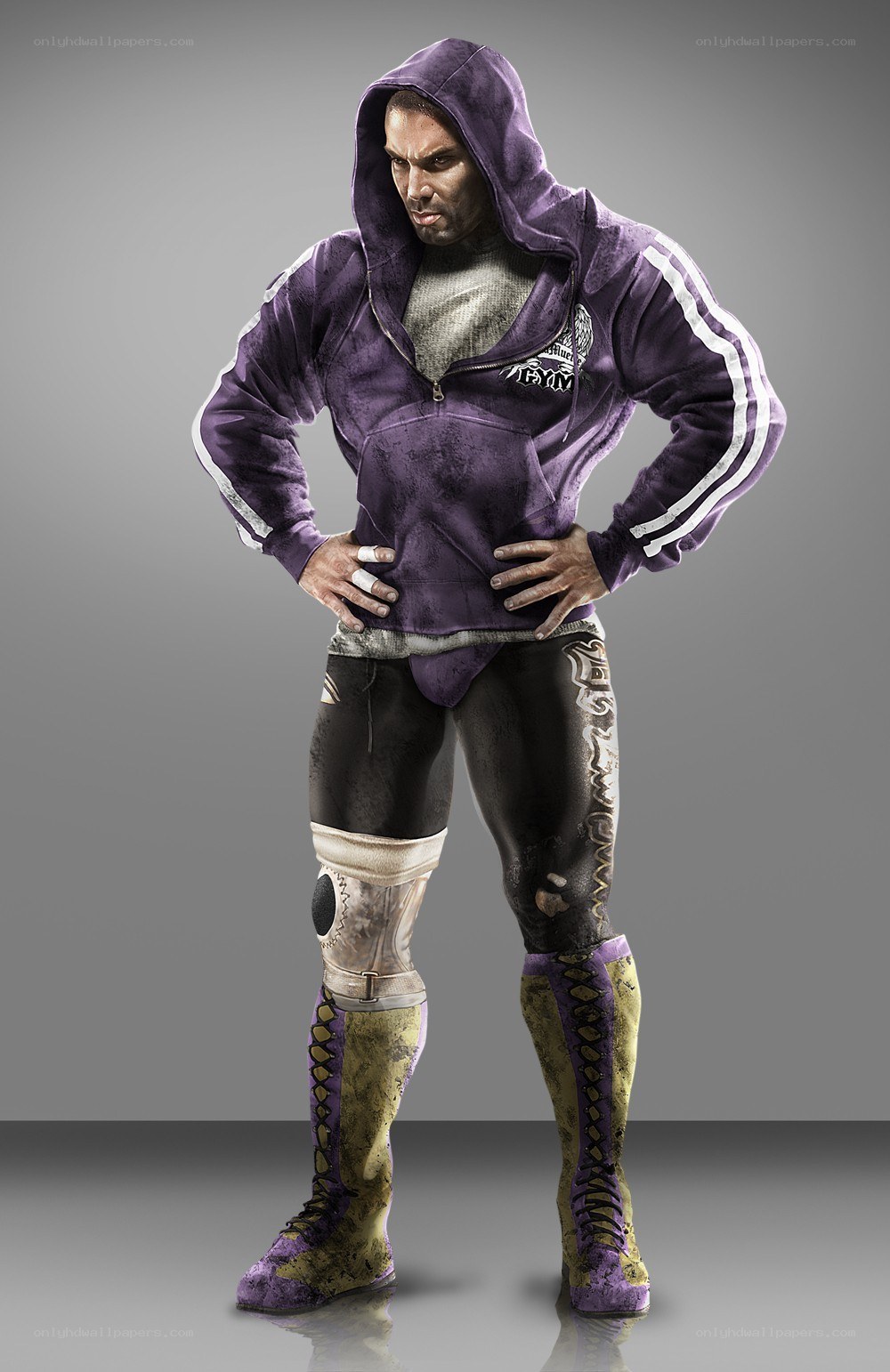 wrestler in purple hoodie