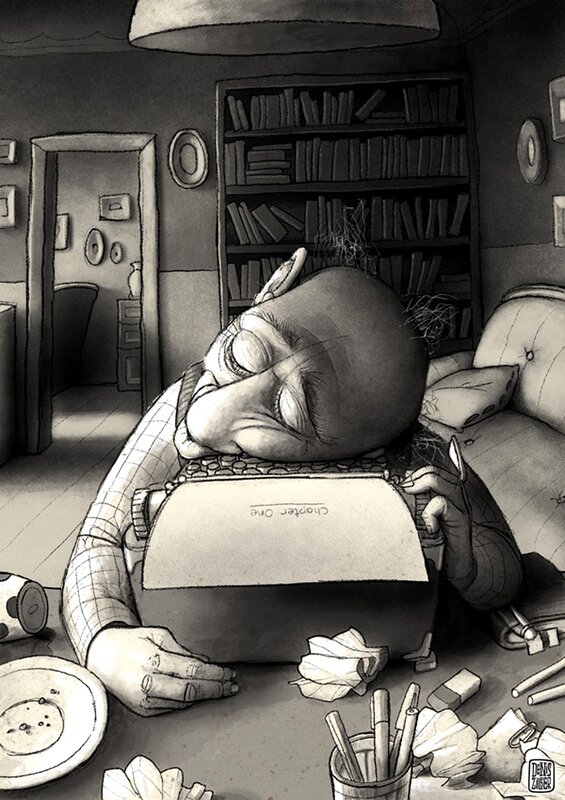 writer sleeping at typewriter