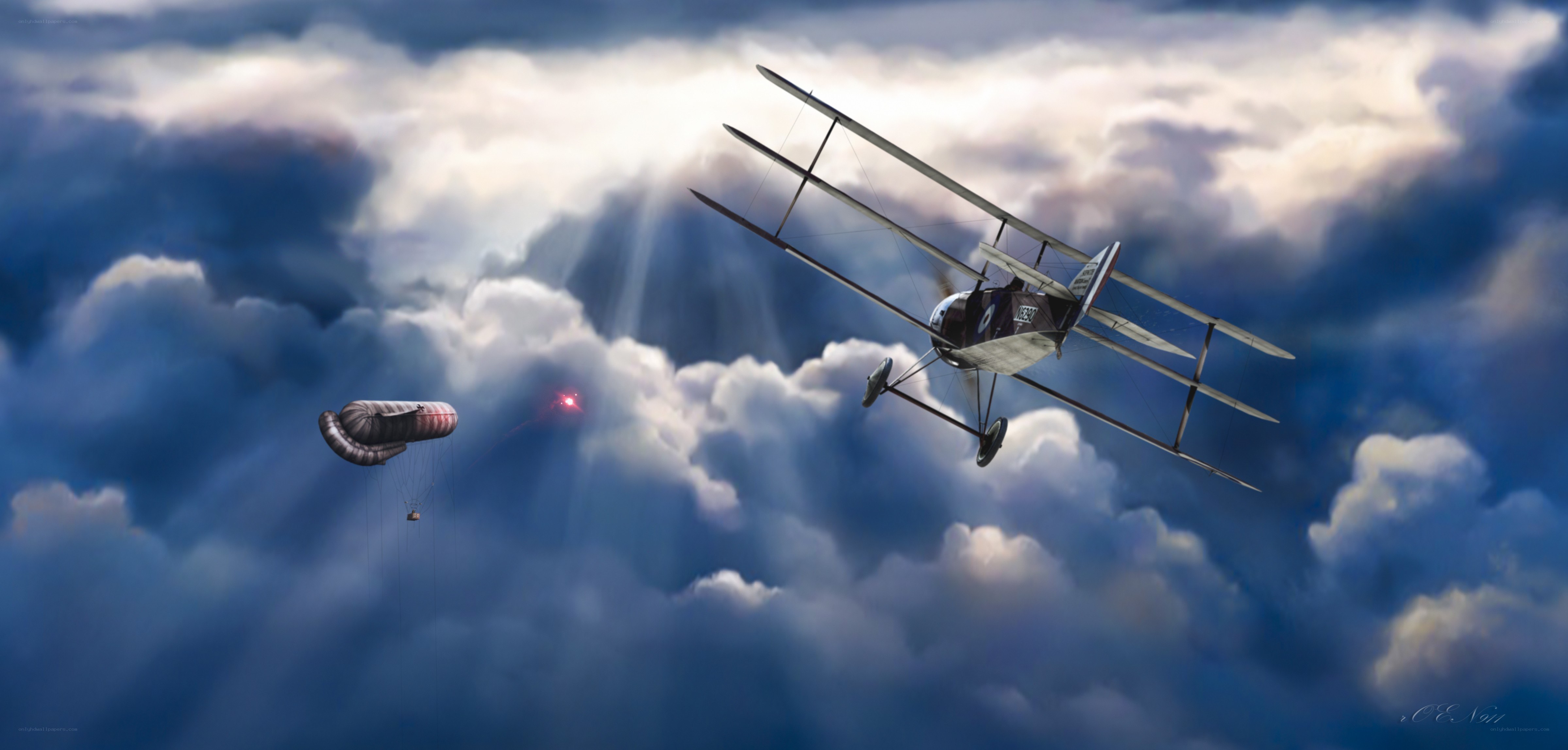 WWI biplane and parachute