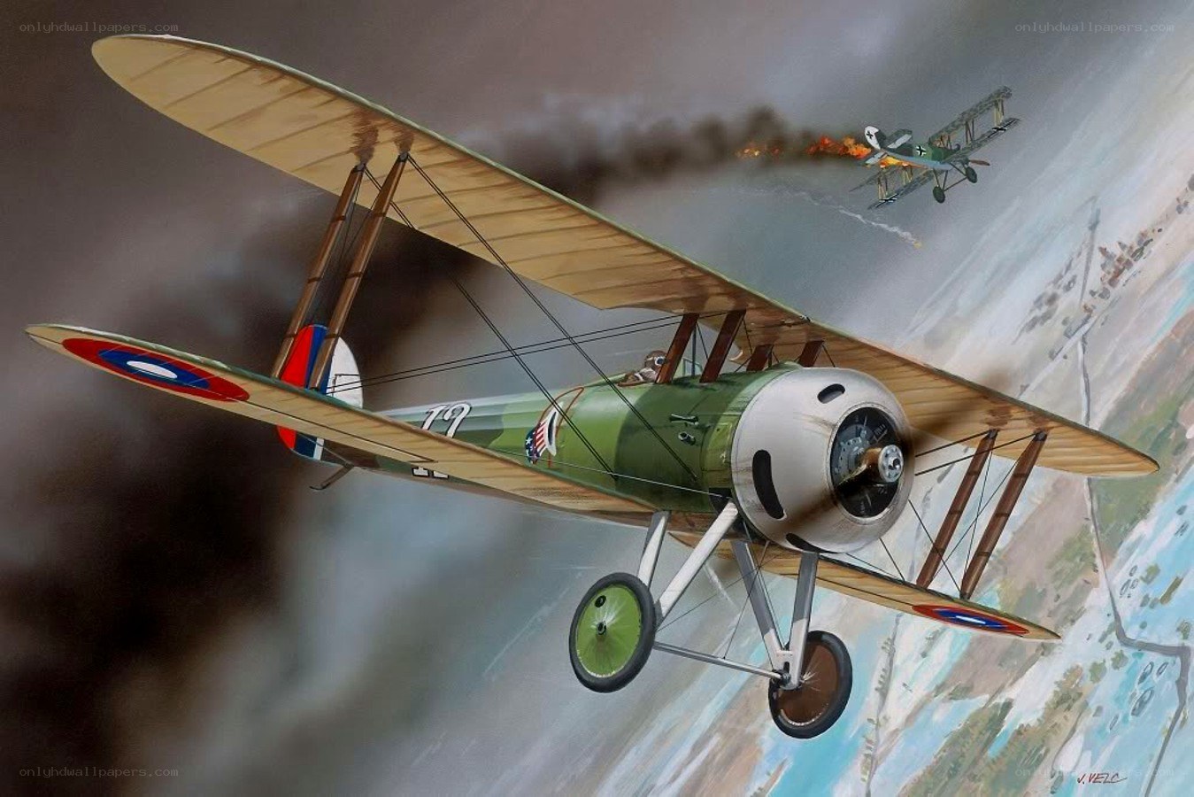 WWI biplane dogfight