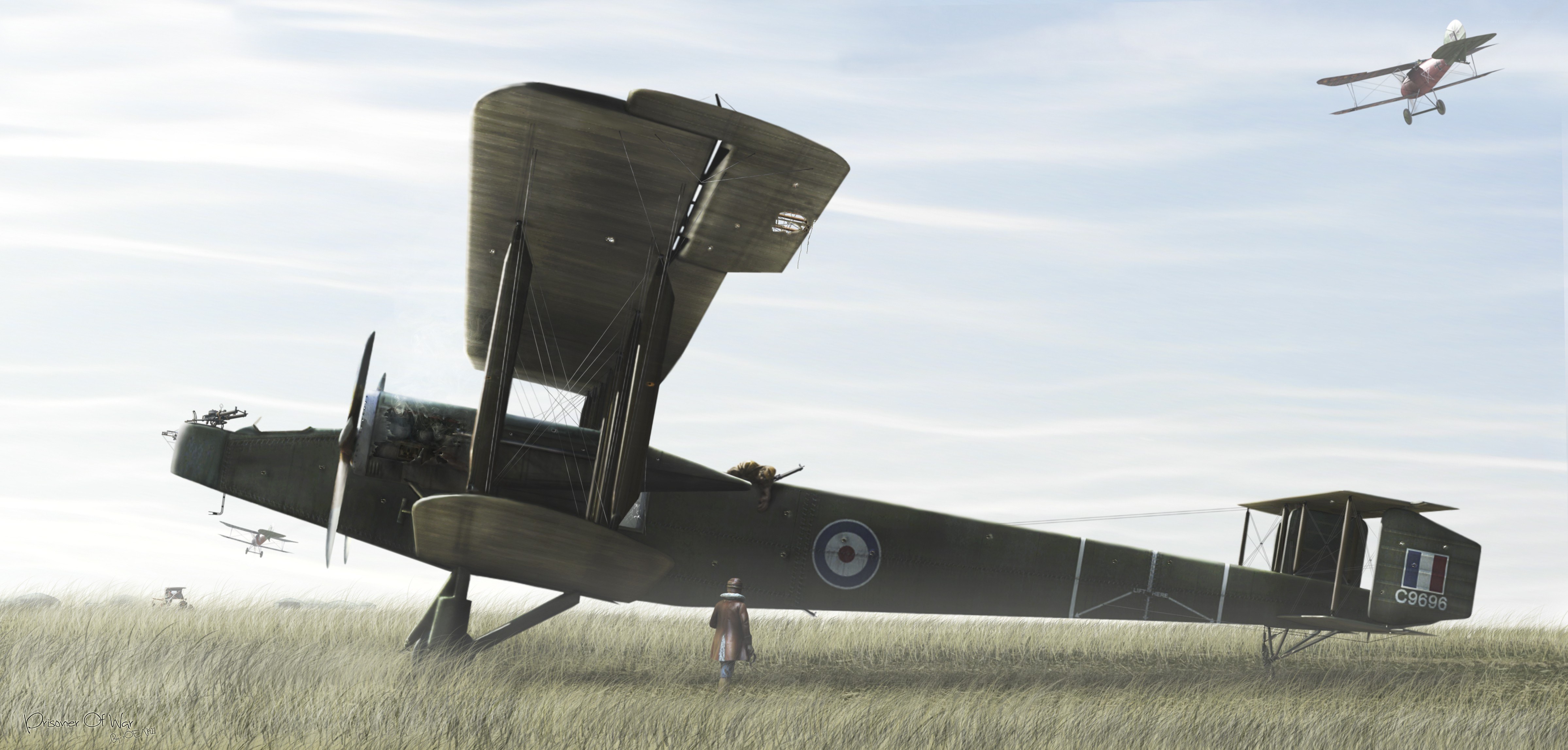WWI biplane in a field