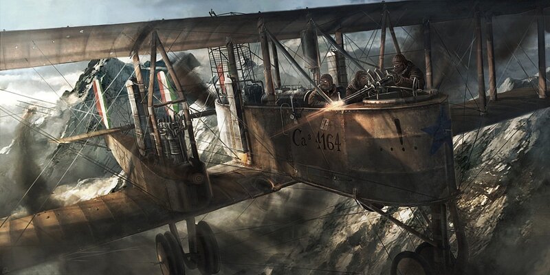 WWI biplane in mountain combat