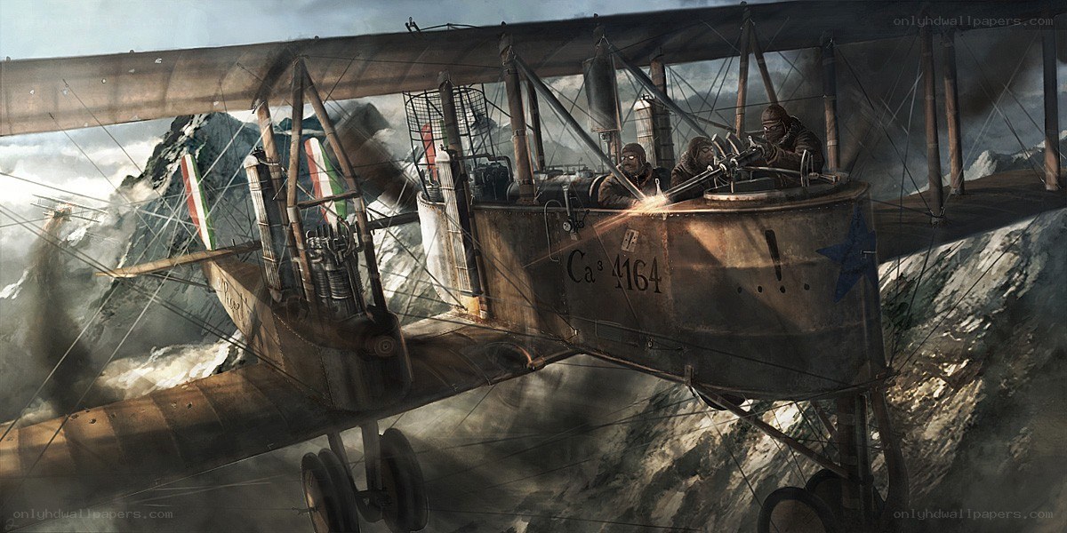 WWI biplane in mountain combat