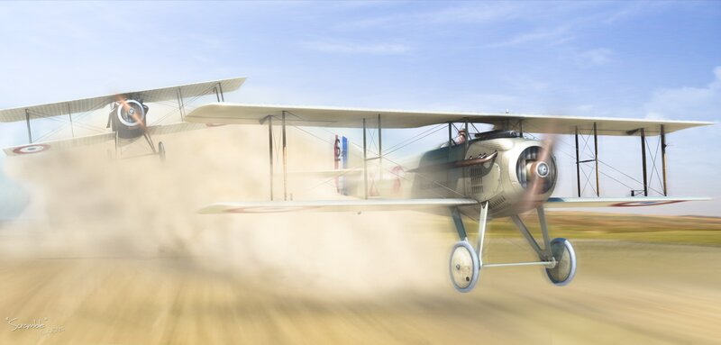 WWI biplanes on a dirt runway