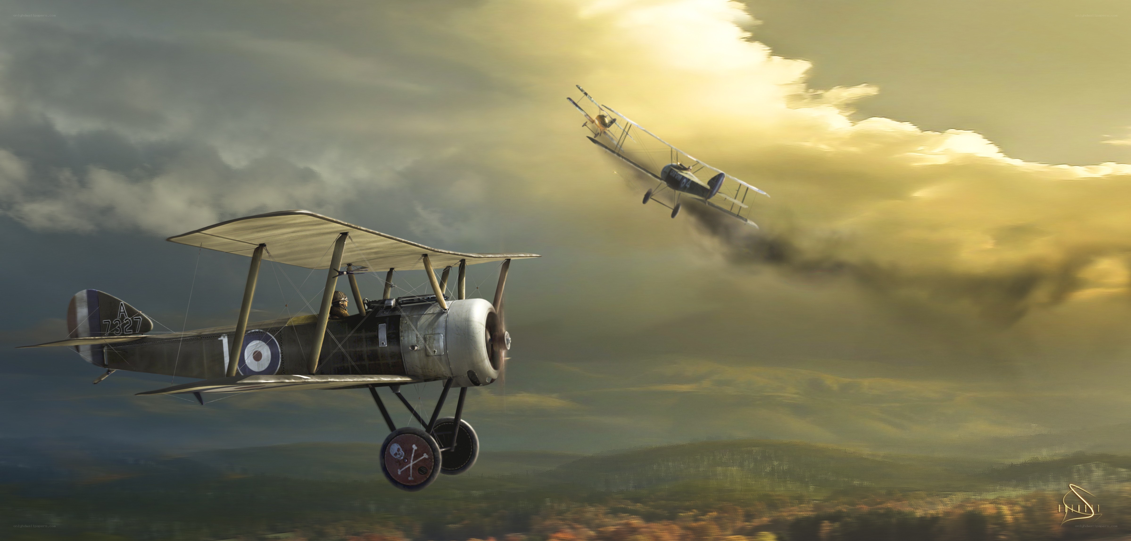 WWI dogfight at sunset