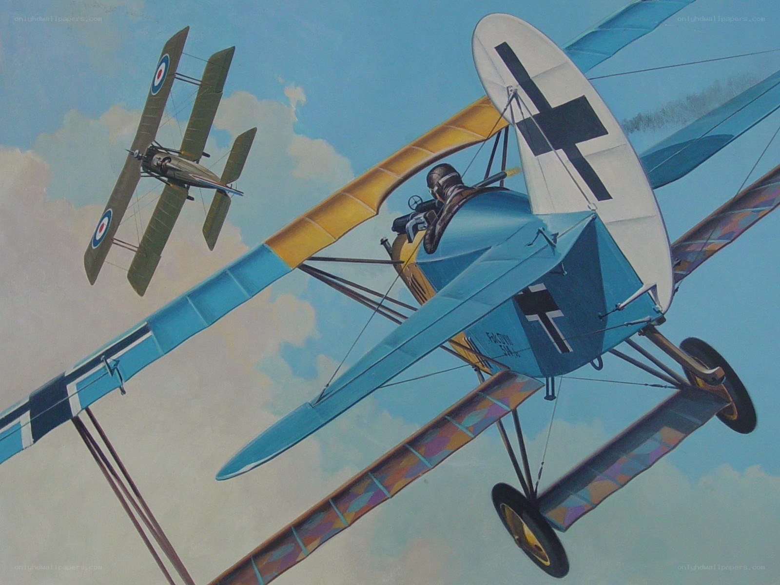 WWI dogfight between biplanes