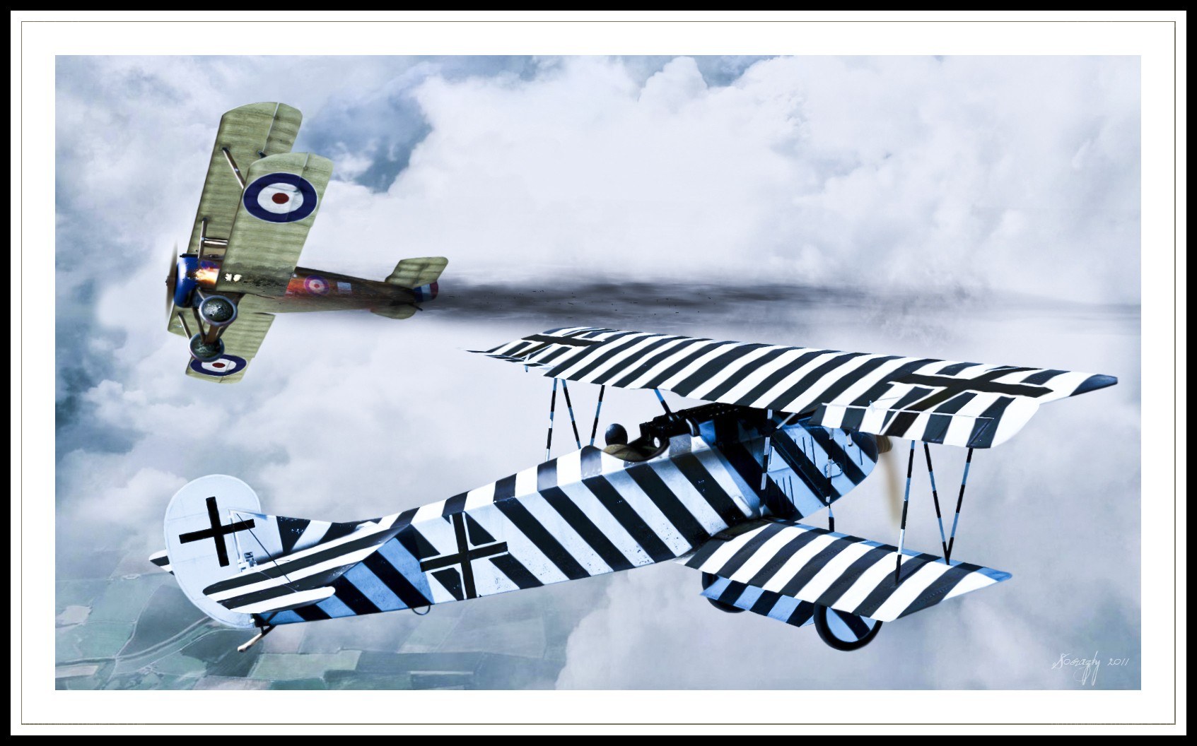 WWI dogfight between biplanes
