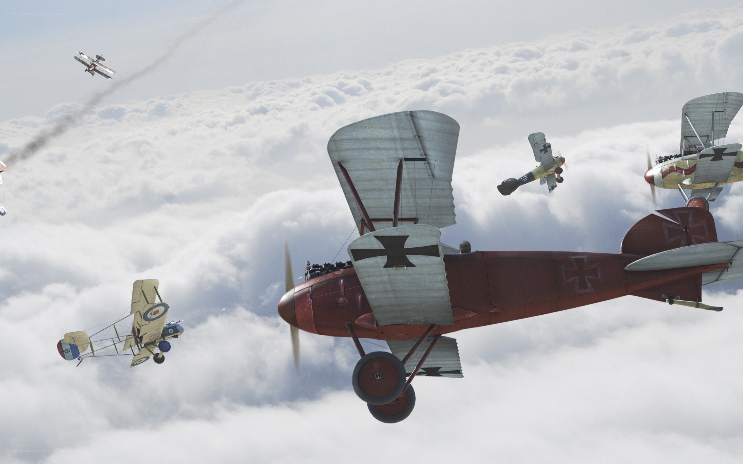 WWI dogfight in clouds
