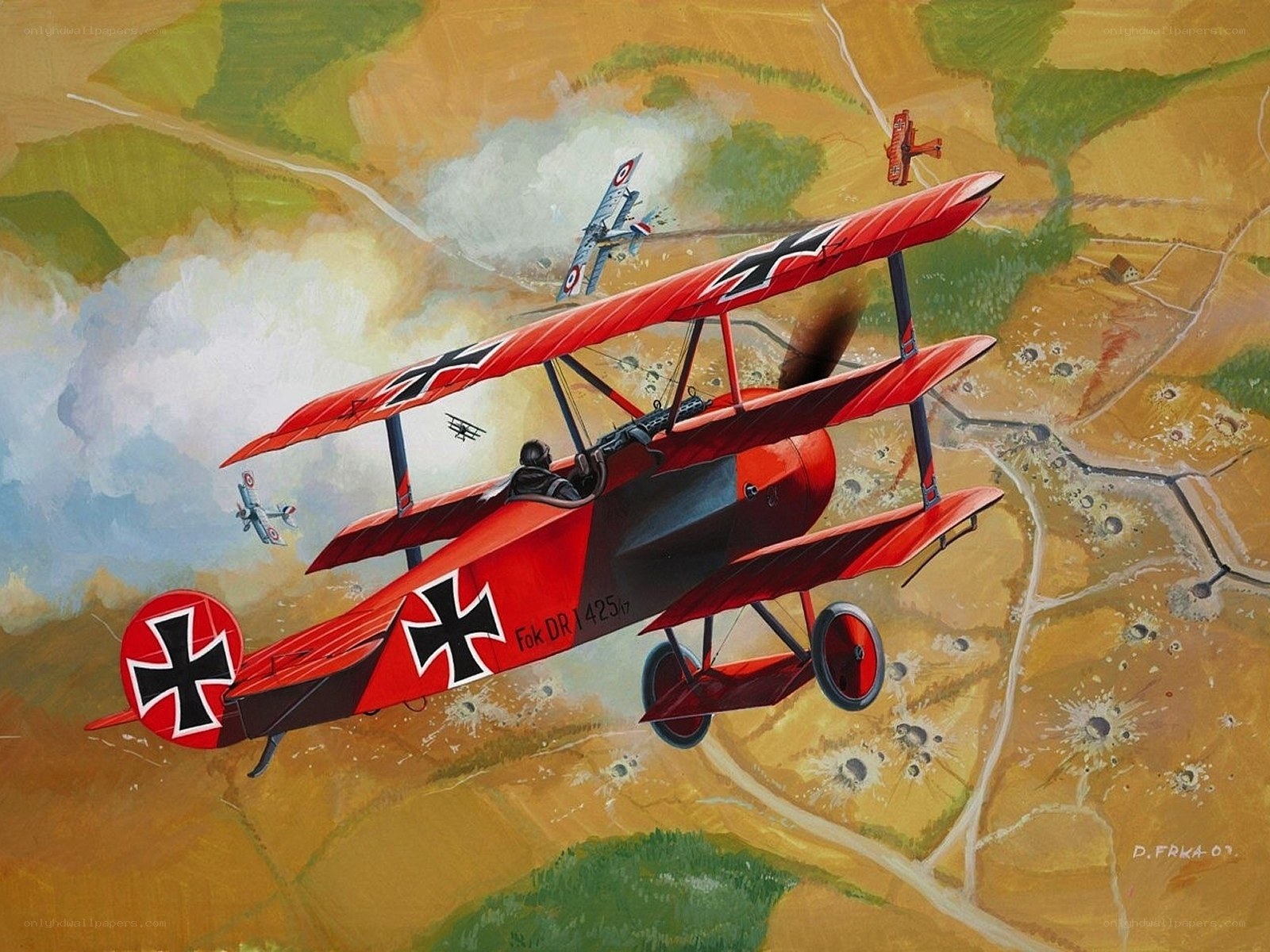 WWI dogfight over battlefields