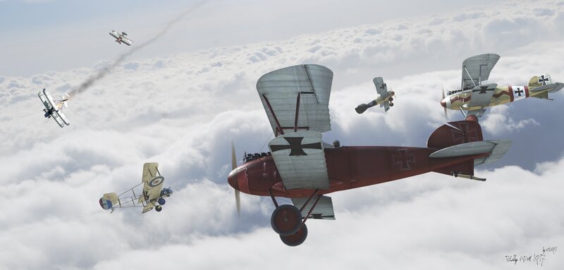 WWI dogfight over clouds