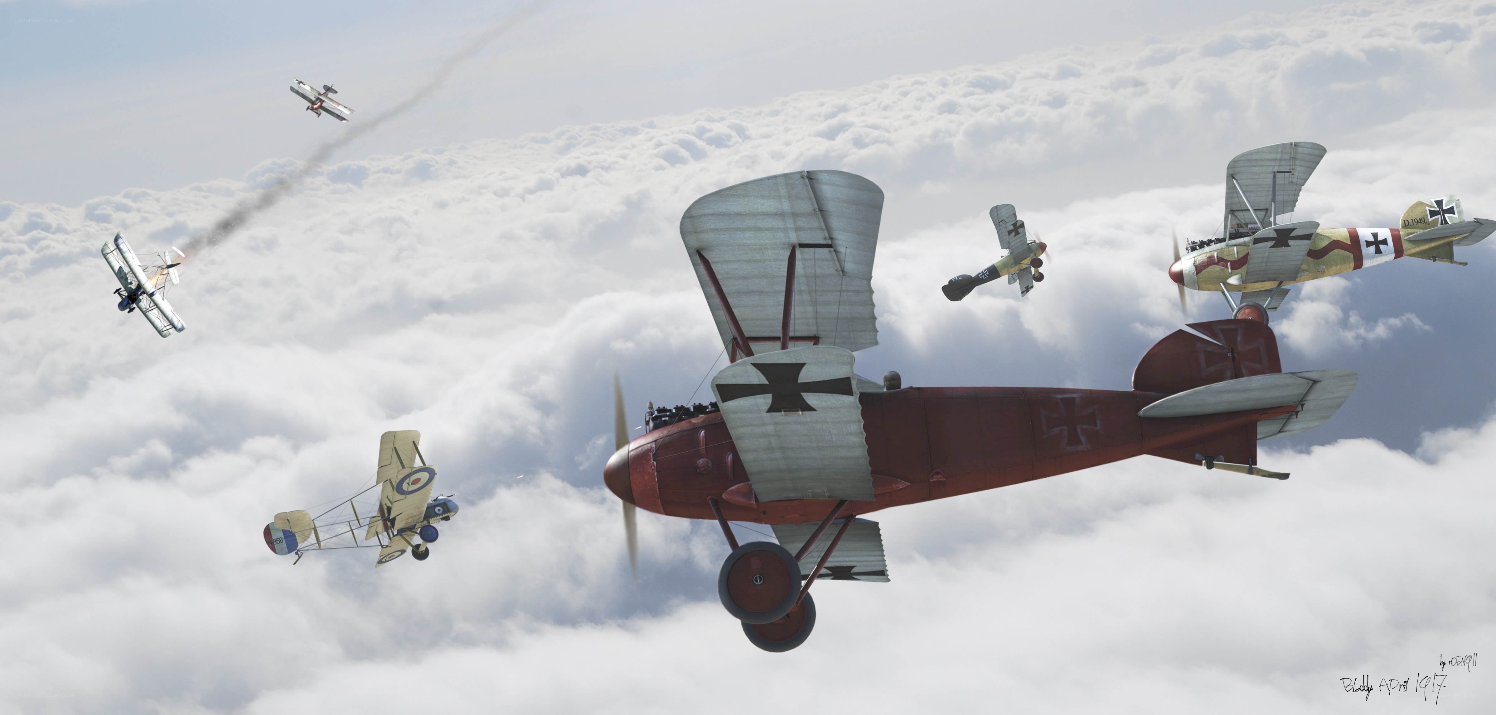 WWI dogfight over clouds