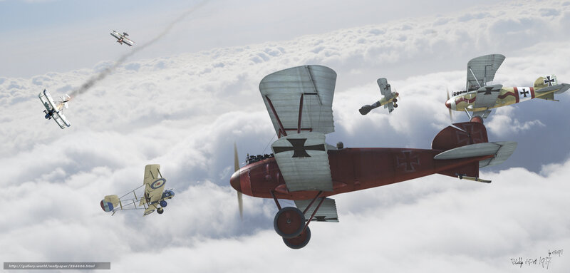 WWI dogfight over clouds